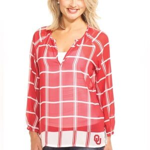 Emerson Street Clothing Co. OU Oklahoma Sooners Plaid Sheer Top Red White Logo S